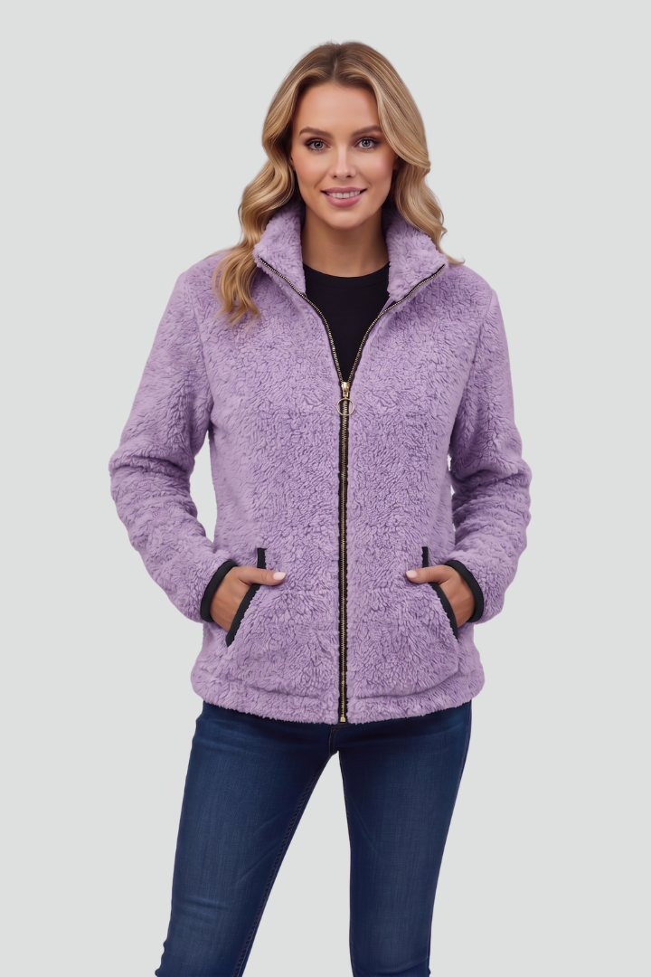 Women's Fleece Jacket with Stand-Up Collar and Contrast Trim