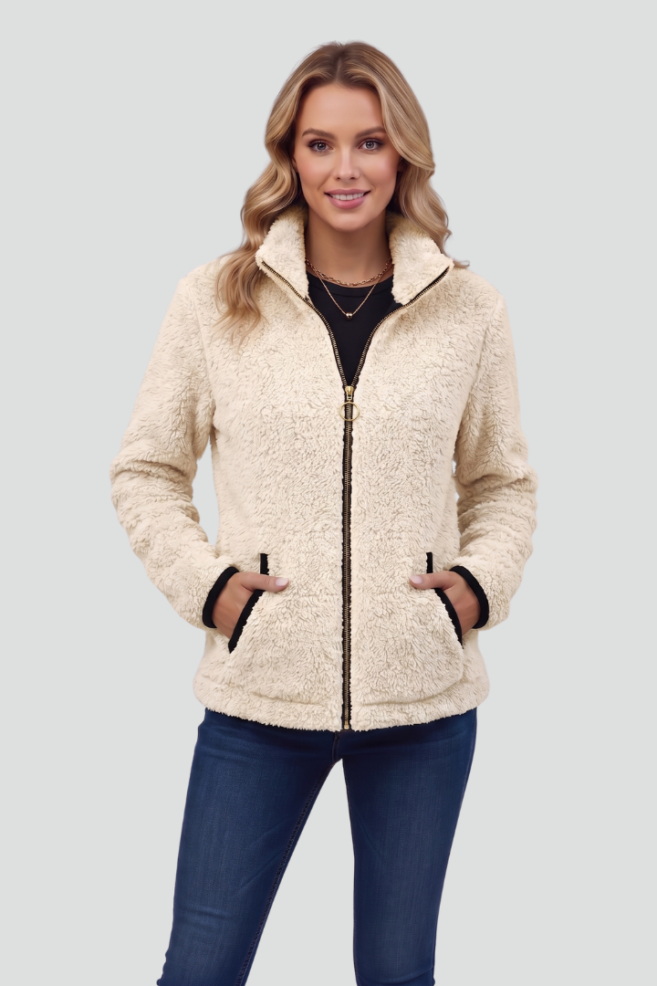Women's Fleece Jacket with Stand-Up Collar and Contrast Trim