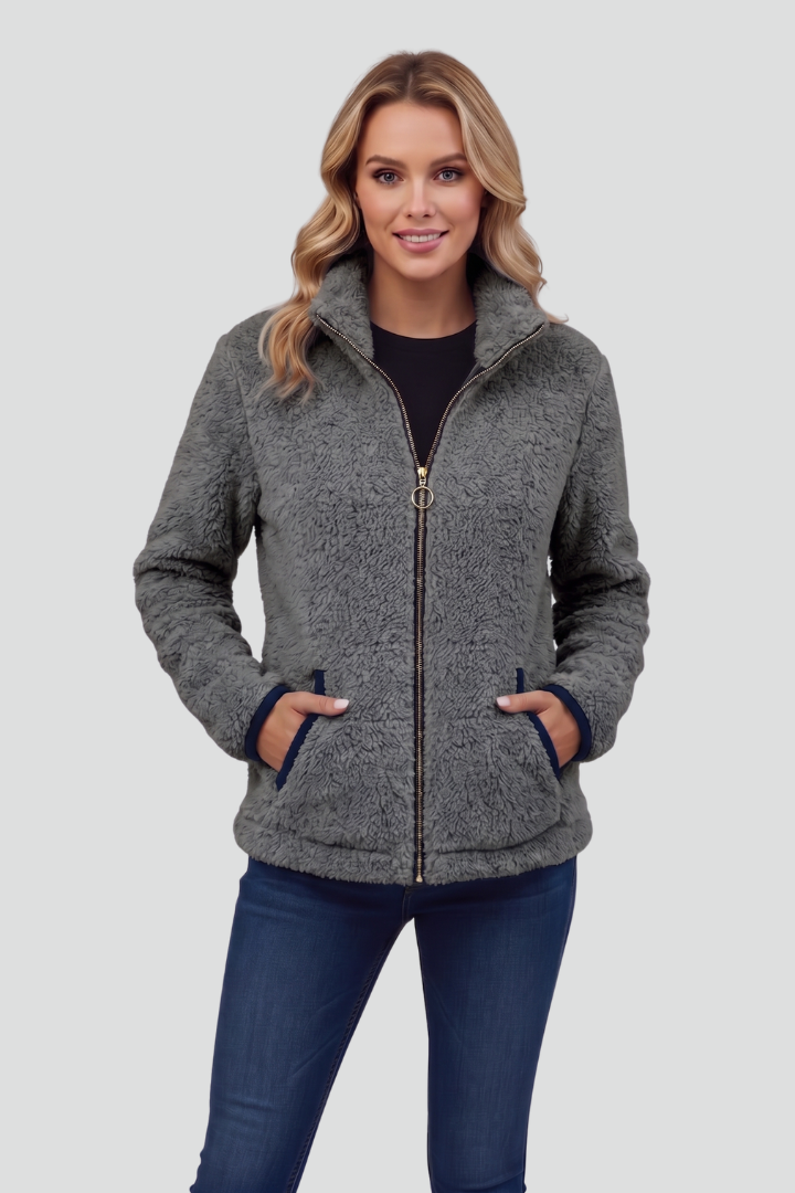 Women's Fleece Jacket with Stand-Up Collar and Contrast Trim